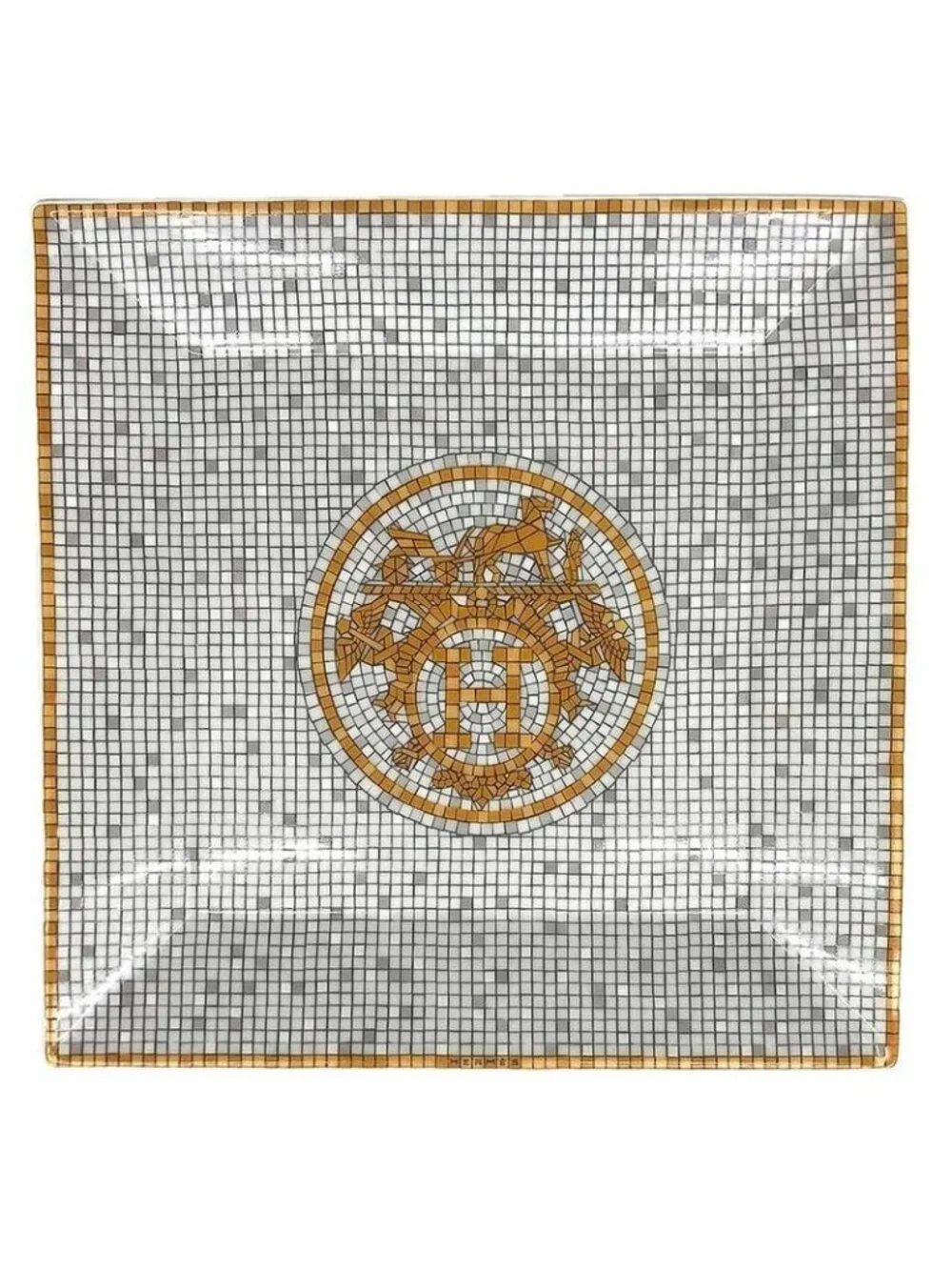 Hermes Mosaic Van Cattle Petit Carre Square Plate 15 Orange Silver